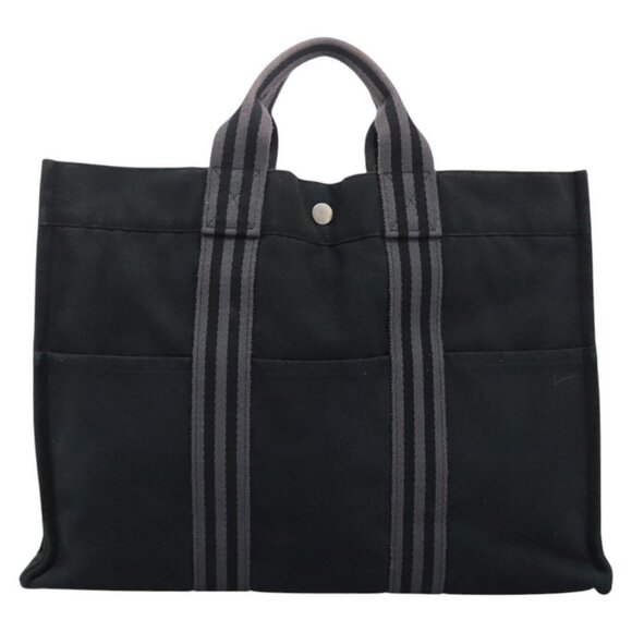 HERMES Fourre Tout MM Hand Bag Canvas Black Gray Silver Auth - Picture 3 of 16